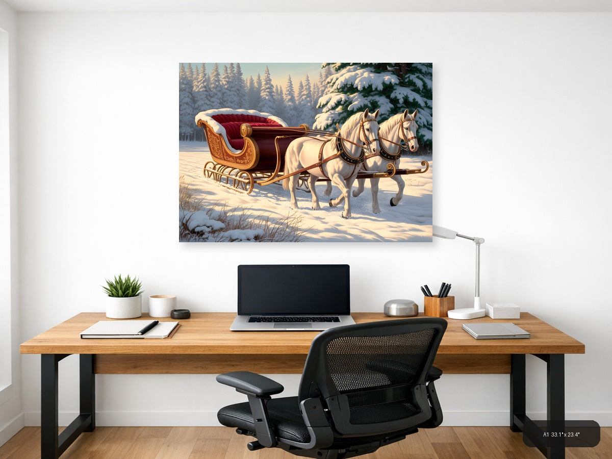 Vintage Christmas Sleigh with White Horses Wall Art — A1 / Office