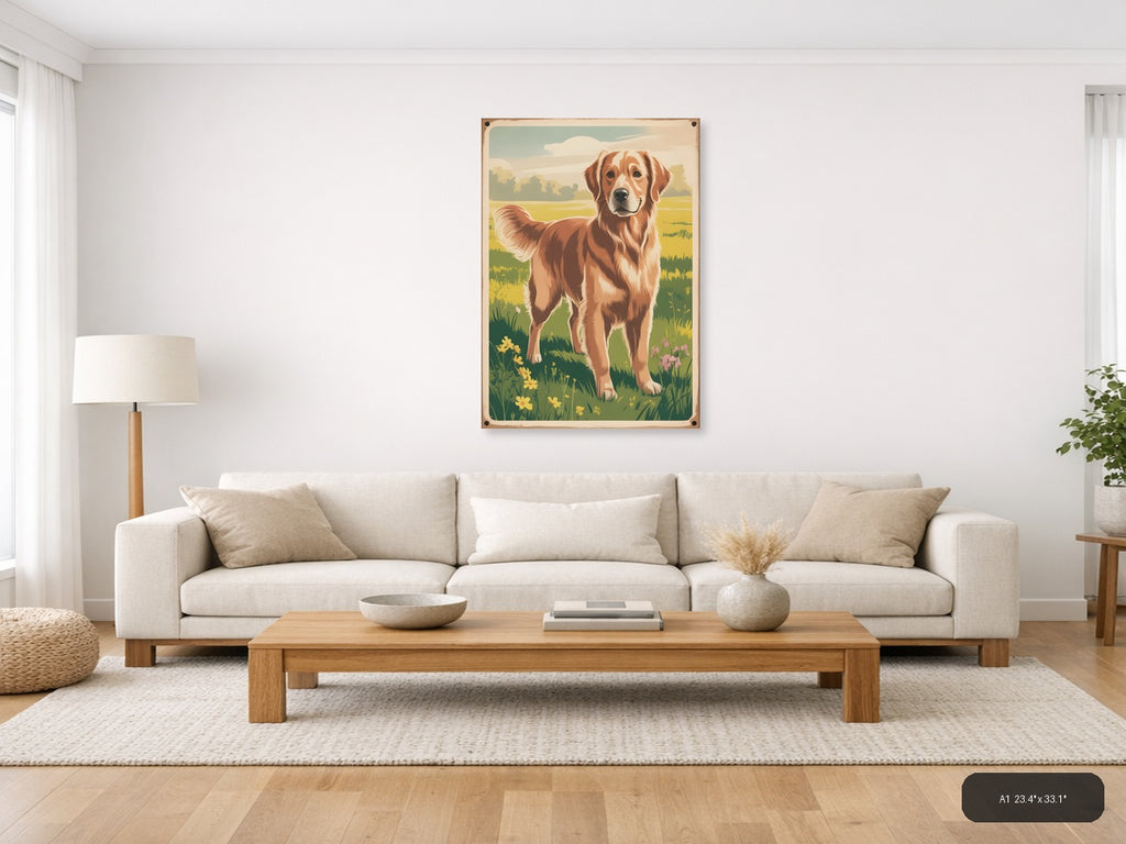 Brown and White Dog in Meadow - Vintage Wall Art — A1 / Living Room