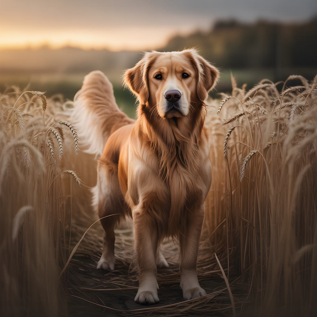 Golden Retriever in Wheat Field at Sunset Photography Wall Art