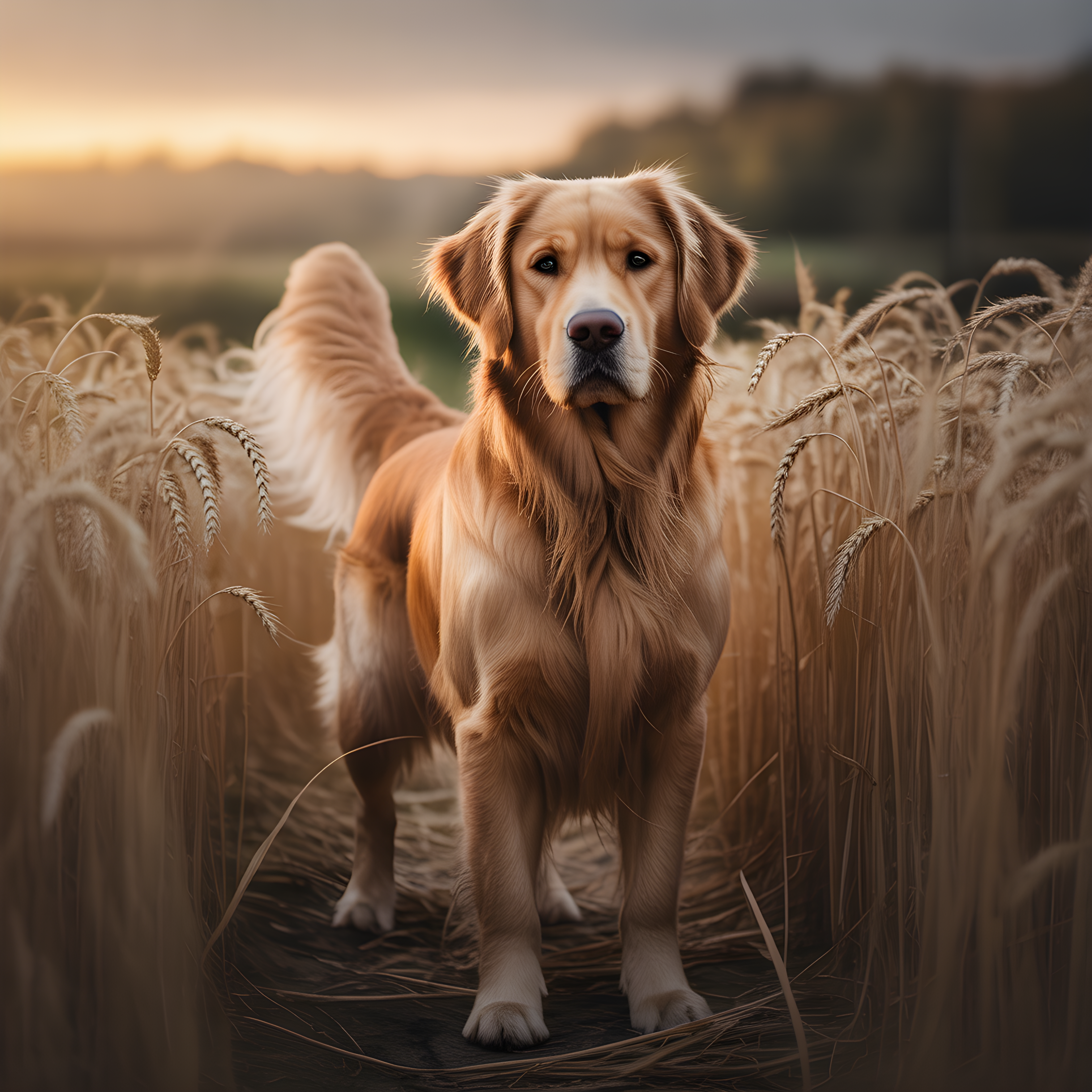 Golden Retriever in Wheat Field at Sunset Photography Wall Art