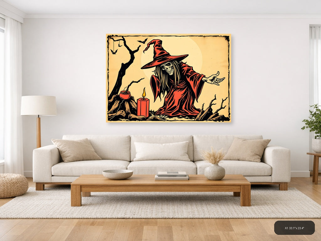 Vintage Witch in Red Robe Halloween Wall Art — A1 / Living Room