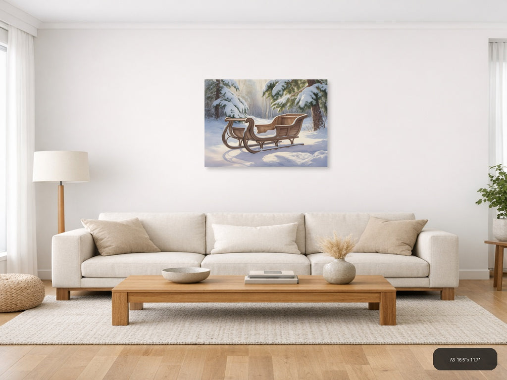Wooden Sleigh in Snowy Forest Watercolor Wall Art — A3 / Living Room