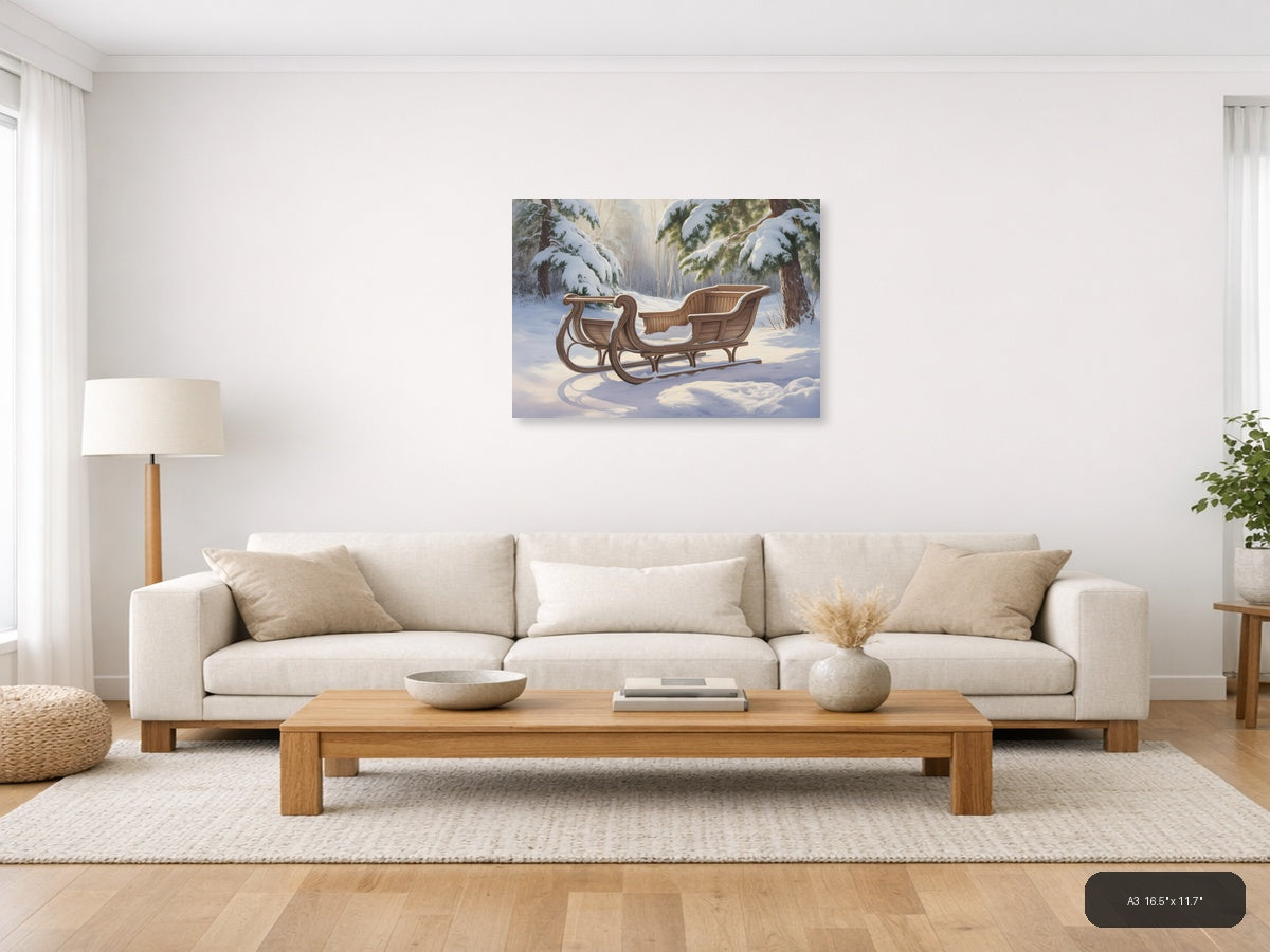 Wooden Sleigh in Snowy Forest Watercolor Wall Art — A3 / Living Room