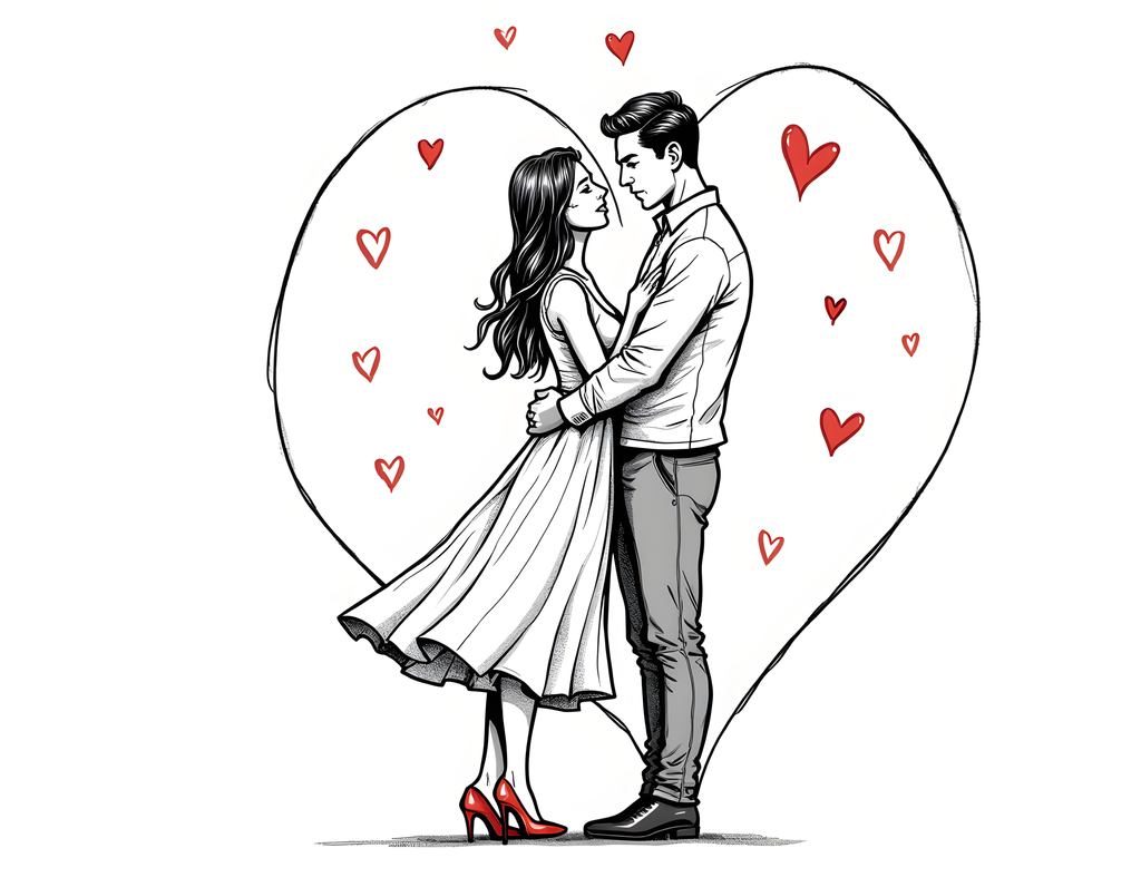 Romantic Couple in Heart Line Art Wall Art