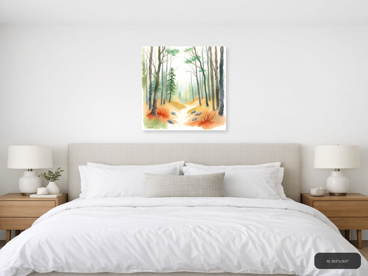 Misty Forest Stream Watercolor Wall Art — A2 / Bedroom