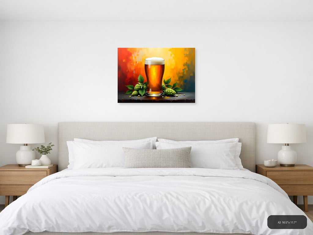 Beer Glass Hops Abstract Orange Yellow Wall Art — A3 / Bedroom