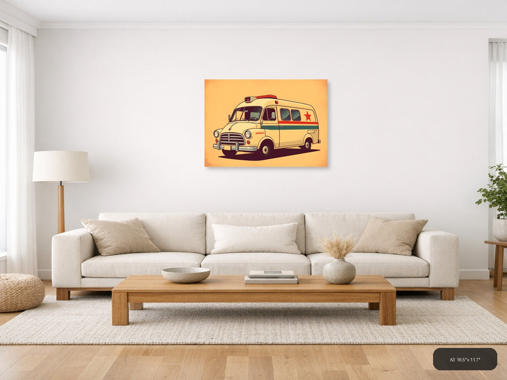 Vintage Cream Ambulance Illustration - Retro Wall Art — A3 / Living Room