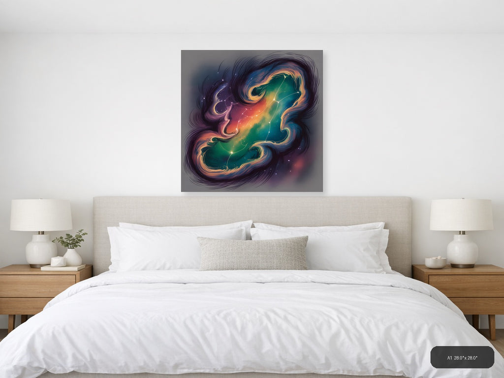 Cosmic Zodiac Gemini Neon Line Art Wall Art — A1 / Bedroom