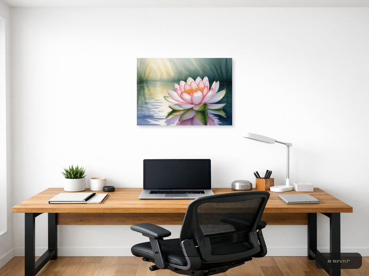 Pink Water Lily Watercolor Landscape Wall Art — A3 / Office