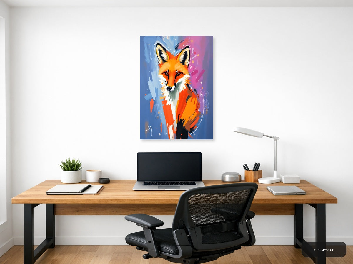 Abstract Fox Portrait: Vibrant Orange & Blue Wall Art — A1 / Office