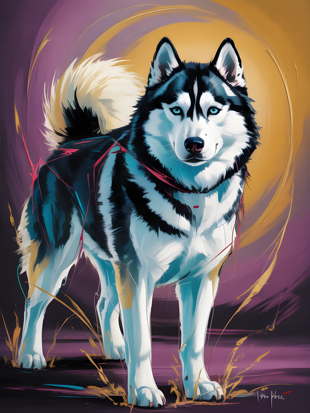 Abstract Husky Portrait with Vibrant Blue & Gold Wall Art