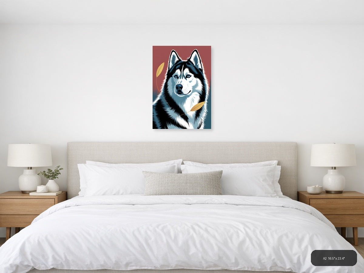 Black and White Husky Portrait with Gold Leaves Wall Art — A2 / Bedroom