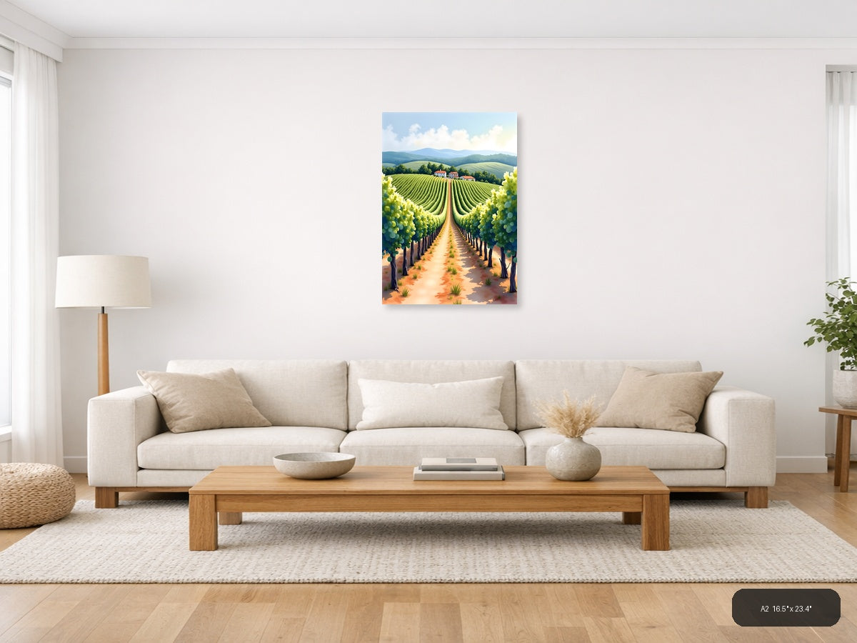 Tuscan Vineyard Landscape Watercolor Wall Art — A2 / Living Room