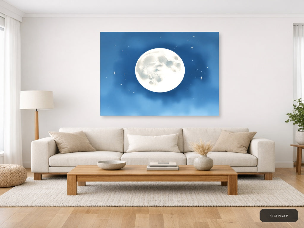 Full Moon Night Sky Watercolor Wall Art — A1 / Living Room
