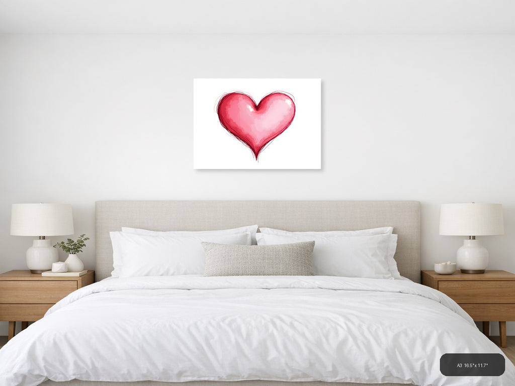 Pink Watercolor Heart Line Art Wall Art — A3 / Bedroom