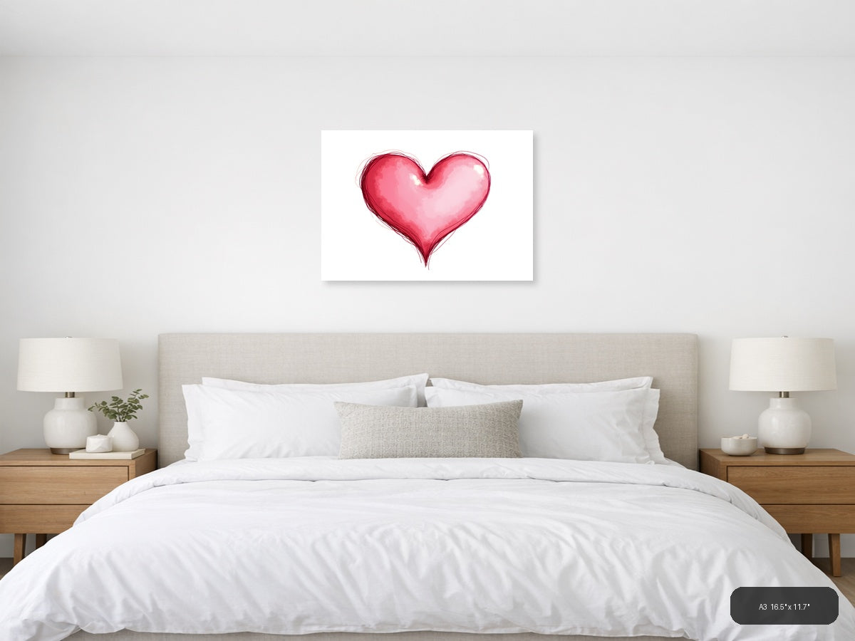 Pink Watercolor Heart Line Art Wall Art — A3 / Bedroom