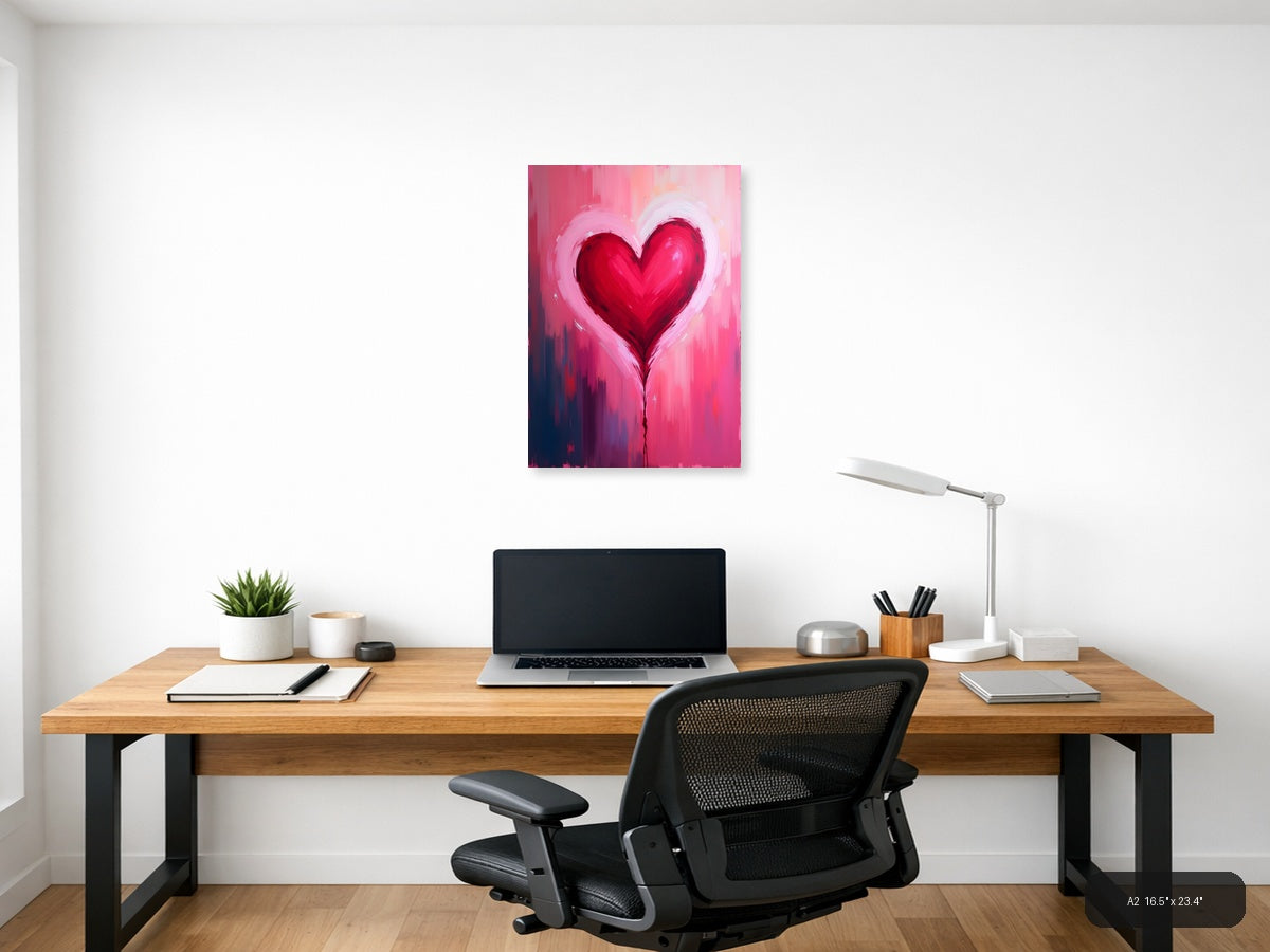 Red Heart Abstract Brushstroke Pink Wall Art — A2 / Office