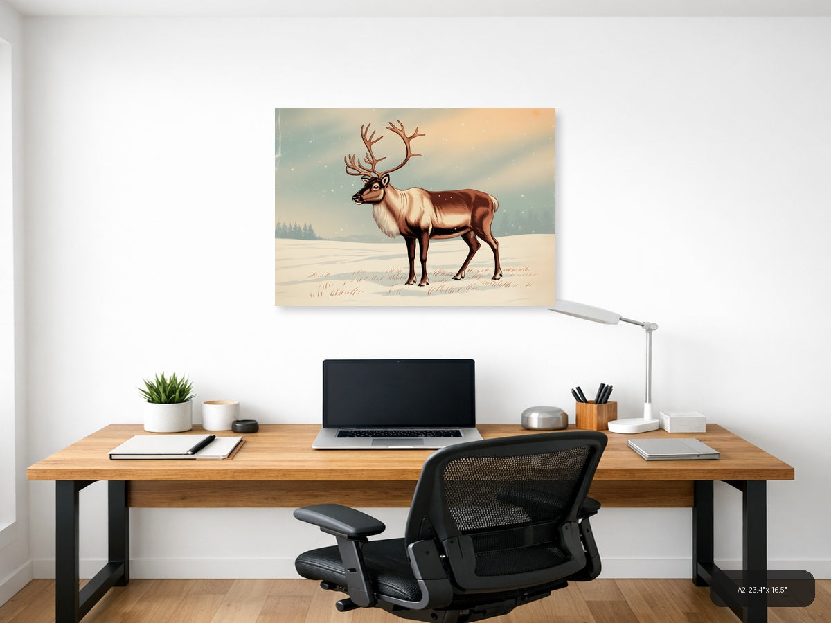 Vintage Reindeer in Snow Landscape Wall Art — A2 / Office