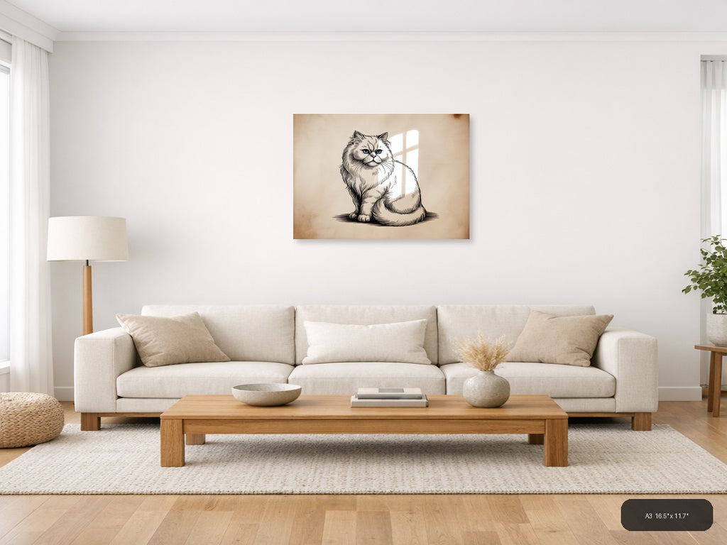 Fluffy Persian Cat Line Art Portrait Wall Art — A3 / Living Room