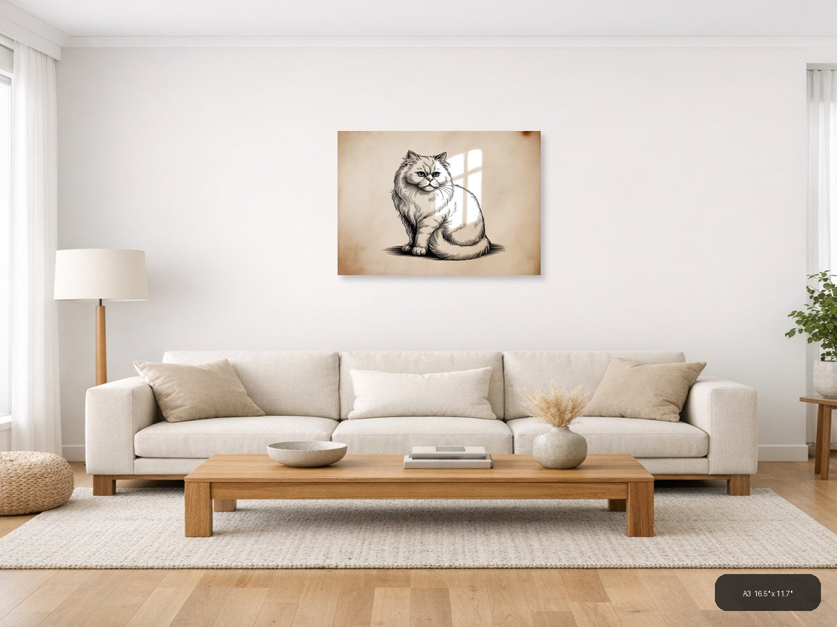 Fluffy Persian Cat Line Art Portrait Wall Art — A3 / Living Room