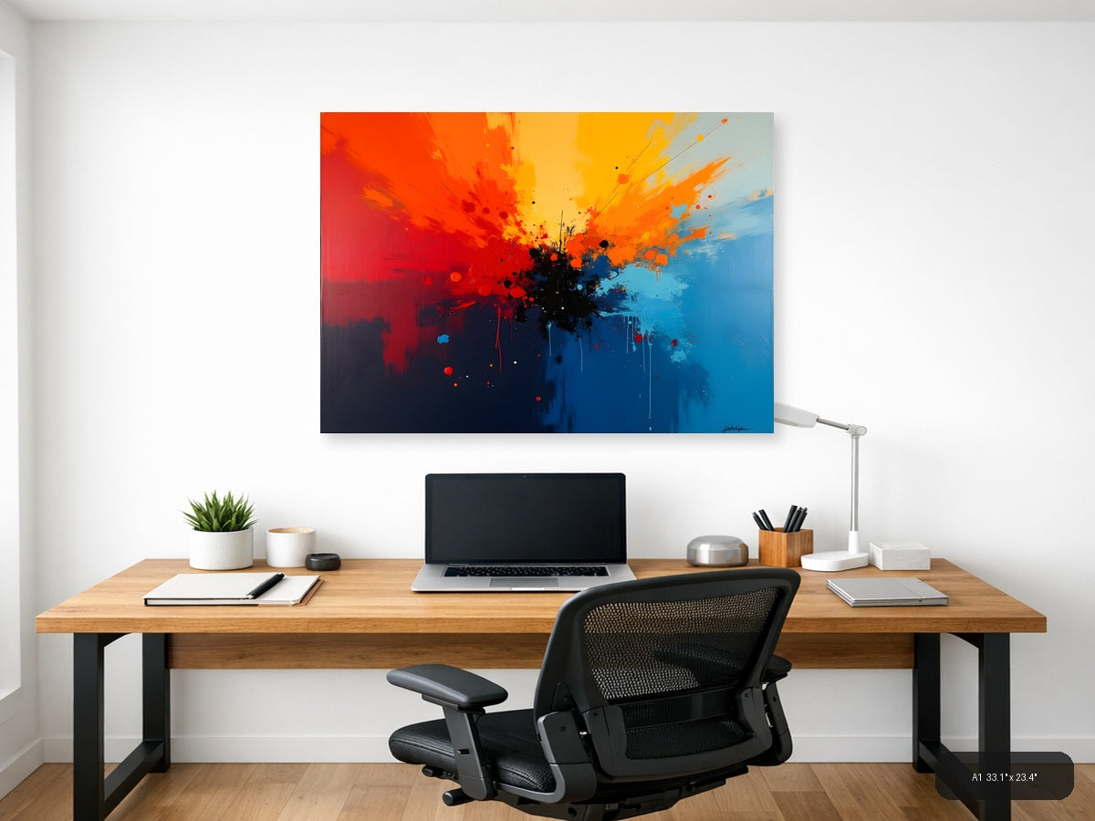 Abstract Explosion Blue Orange Red Splatter Wall Art — A1 / Office