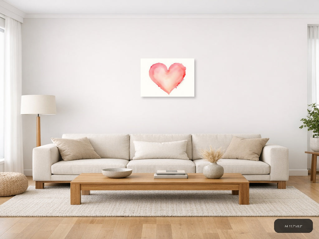 Pink Watercolor Heart Wall Art — A4 / Living Room