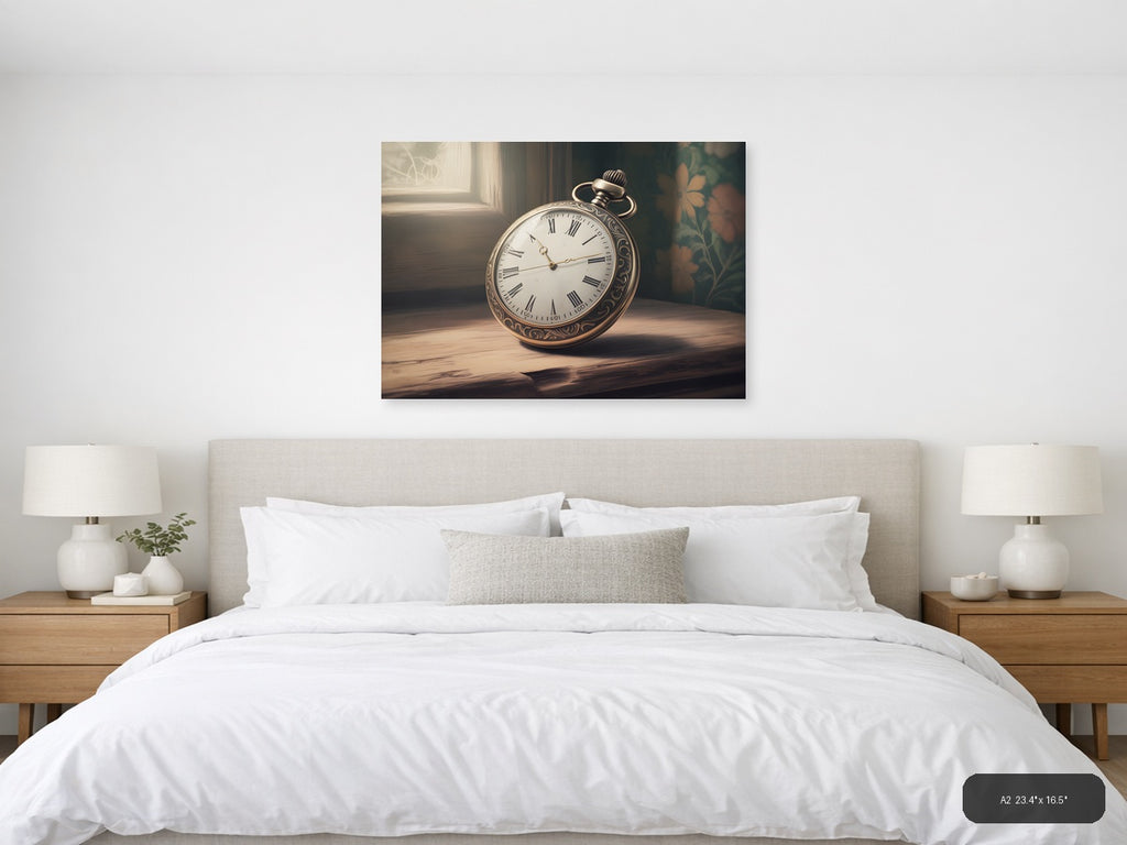 Vintage Pocket Watch with Roman Numerals Wall Art — A2 / Bedroom