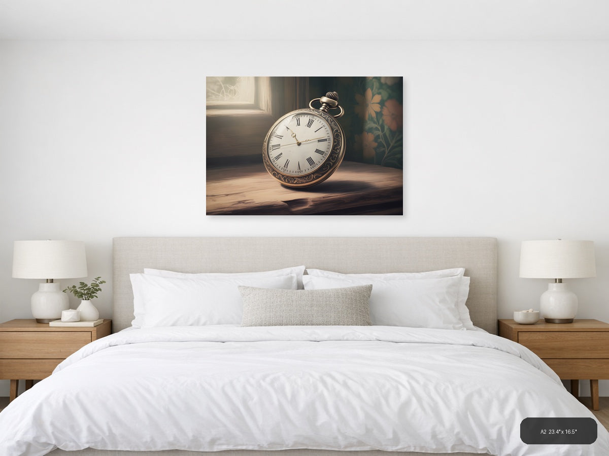 Vintage Pocket Watch with Roman Numerals Wall Art — A2 / Bedroom