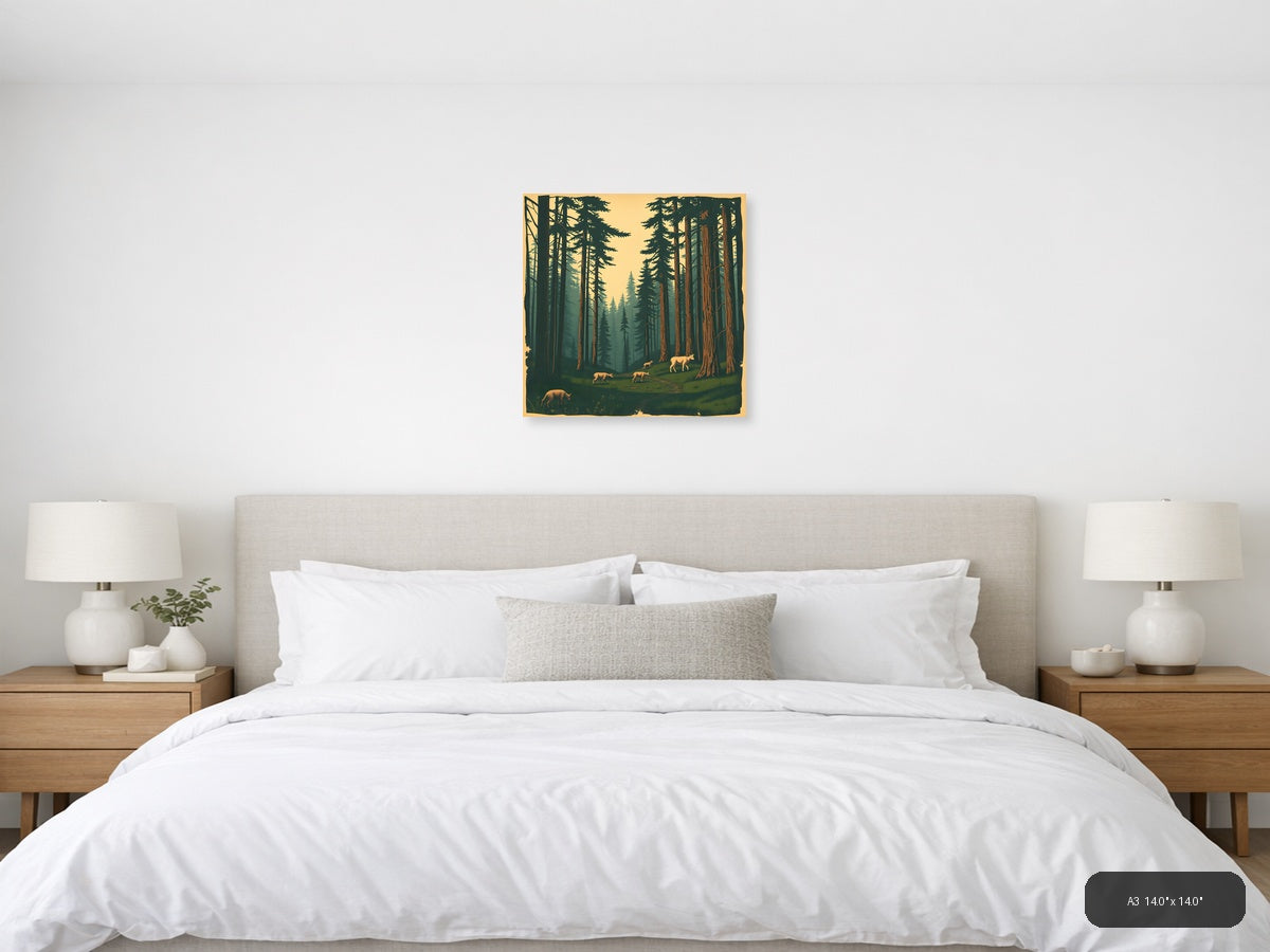 Vintage Forest Deer Valley Landscape Wall Art — A3 / Bedroom