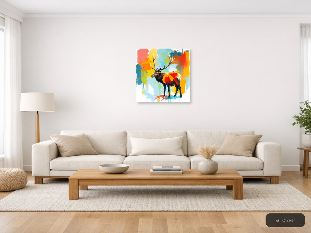Colorful Abstract Deer with Antlers Wall Art — A3 / Living Room