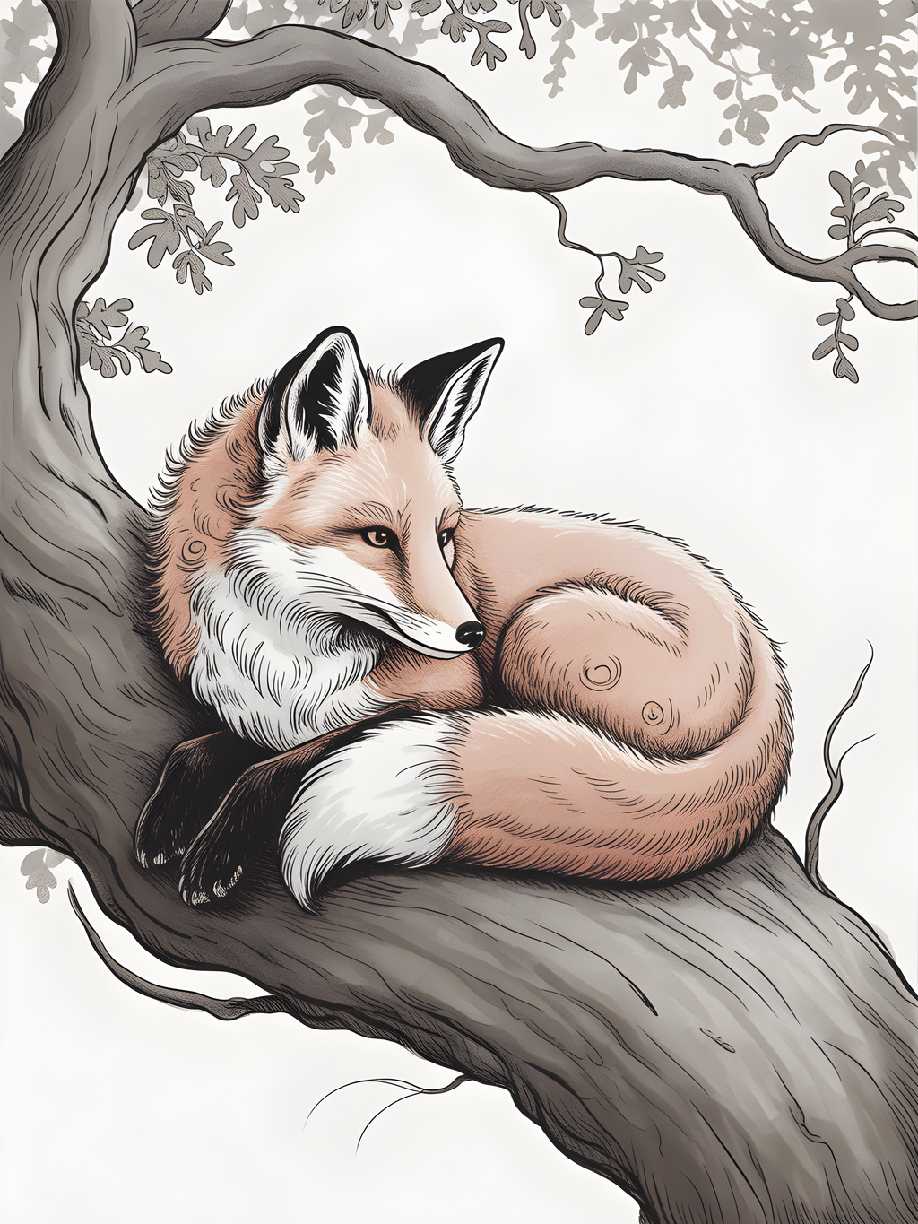 Resting Fox Under Oak Tree Line Art Wall Art