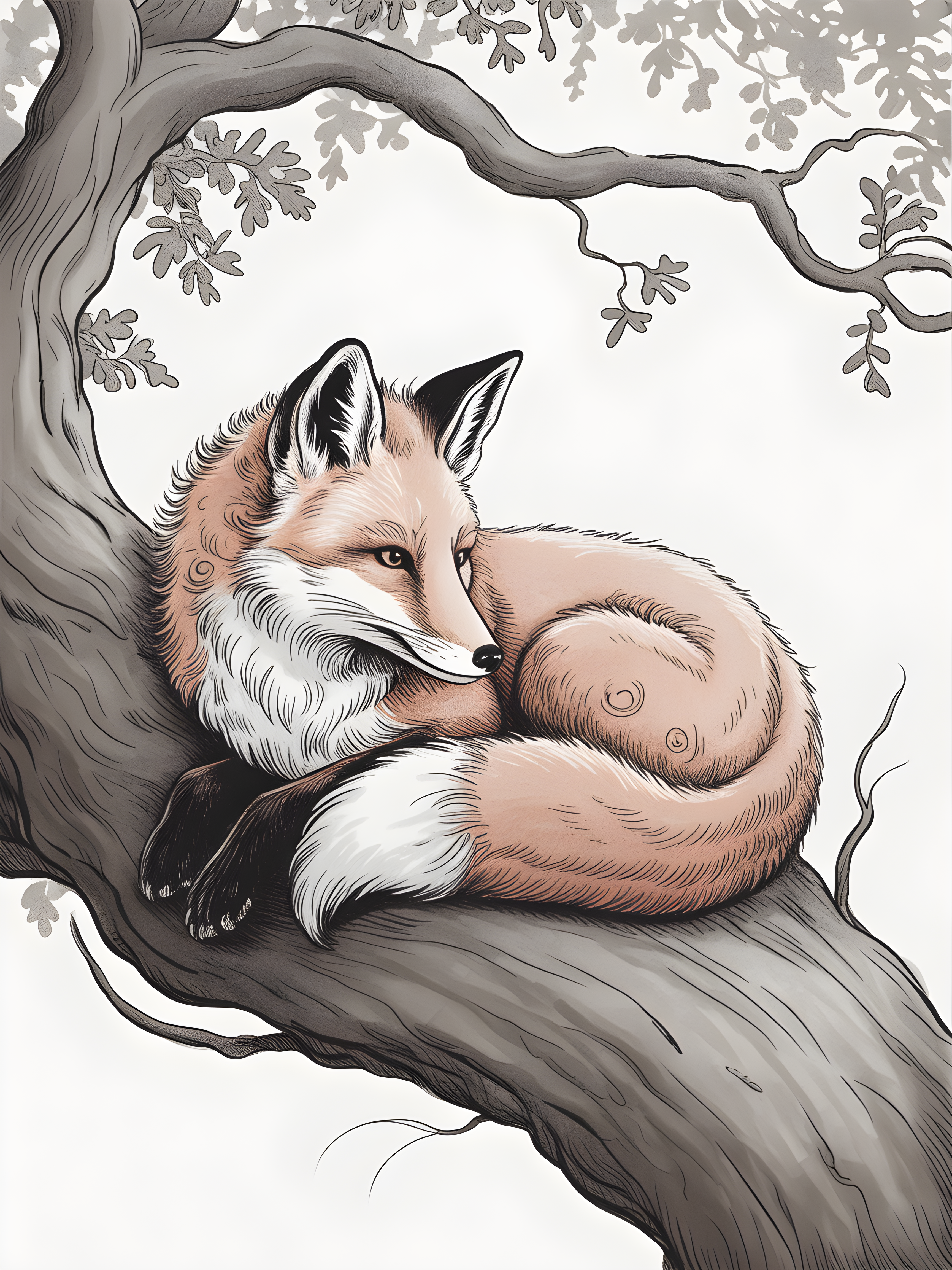 Resting Fox Under Oak Tree Line Art Wall Art