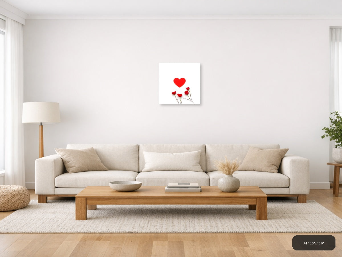 Red Heart with Roses Minimalist Wall Art — A4 / Living Room