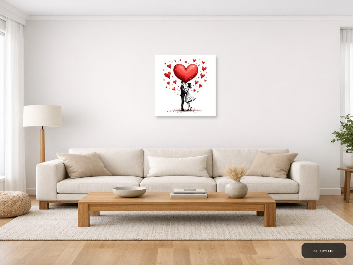 Couple in Love Line Art with Red Hearts Wall Art — A3 / Living Room
