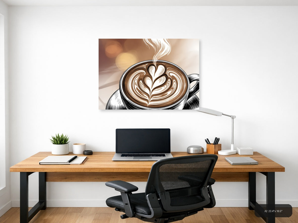 Latte Art Line Art - Coffee Cup with Heart Design Wall Art — A2 / Office