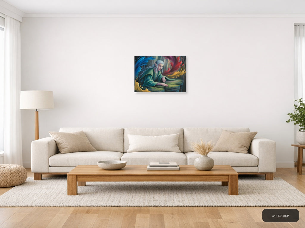 Ethereal Elf with Flowing Robes Abstract Wall Art — A4 / Living Room