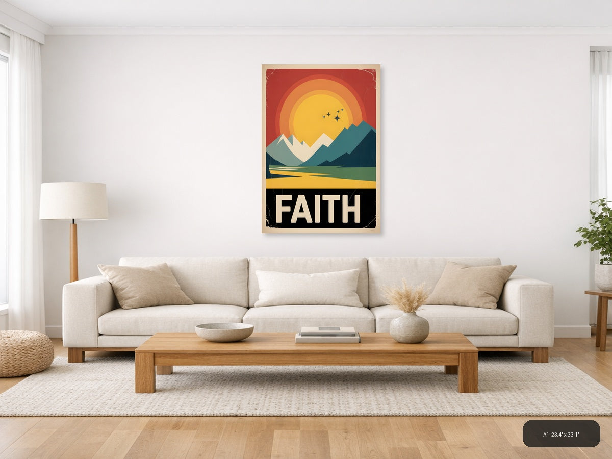 Vintage Faith Mountain Sunset Wall Art Print — A1 / Living Room