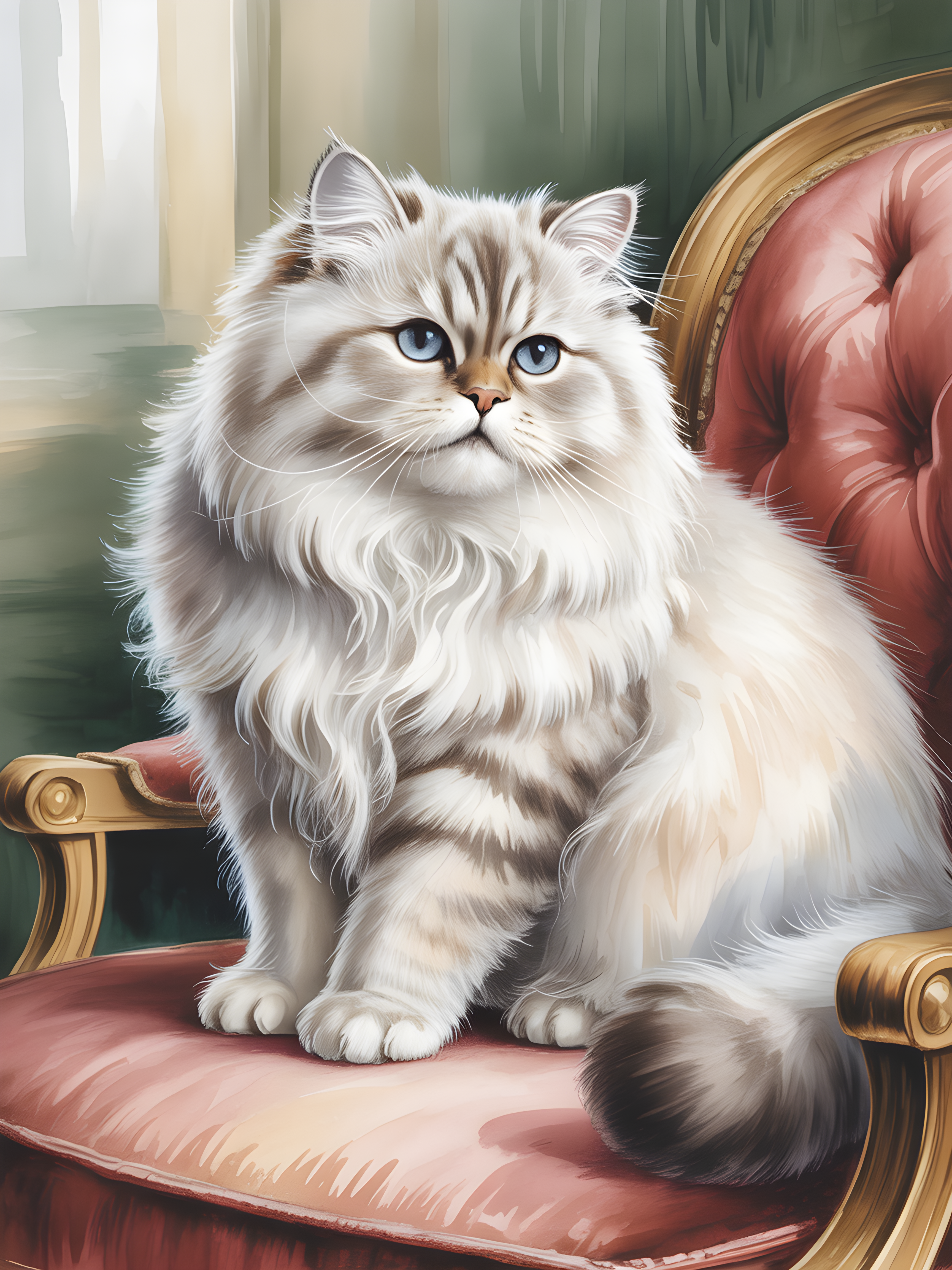 Fluffy White Cat on Pink Chair Watercolor Wall Art