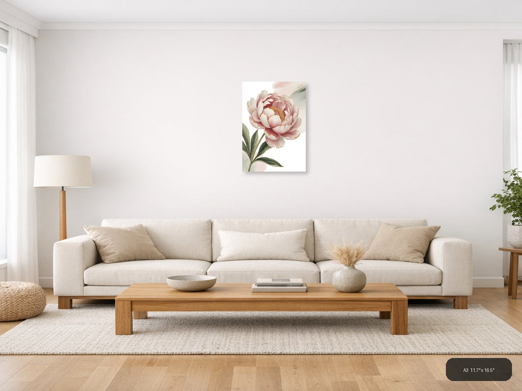 Pink Peony with Gold Accents Watercolor Wall Art — A3 / Living Room