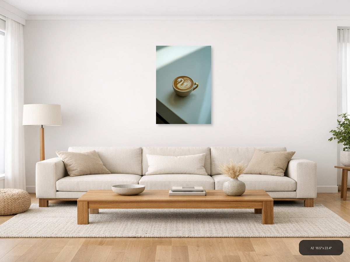 Minimalist Latte Art Swan Coffee Cup Wall Art — A2 / Living Room