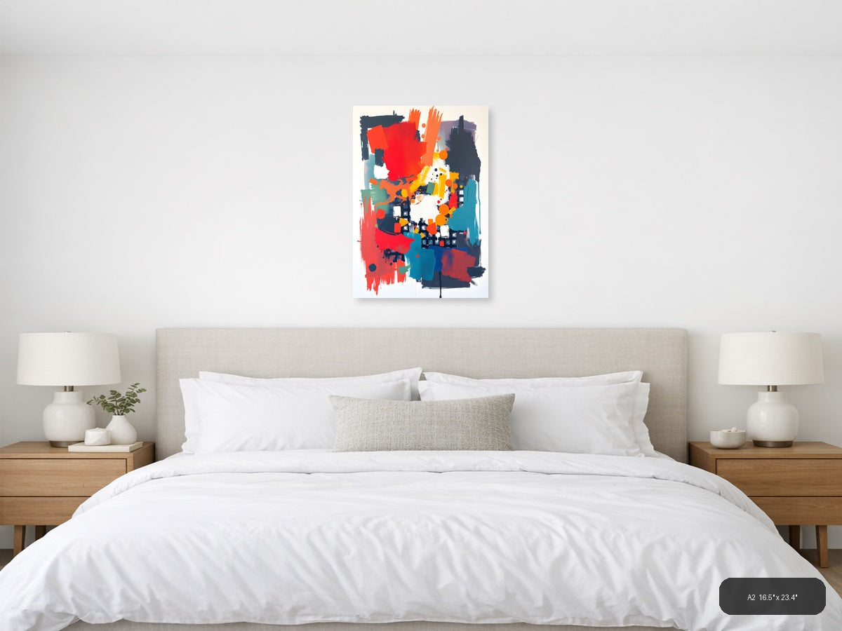 Bold Abstract Composition Red Orange Teal Wall Art — A2 / Bedroom