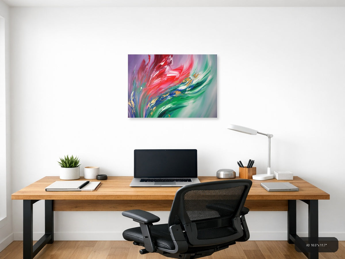 Red & Green Flowing Abstract Brushstroke Modern Wall Art — A3 / Office