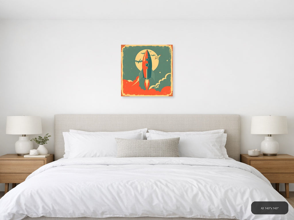 Vintage Rocket Launch Illustration Square Wall Art — A3 / Bedroom