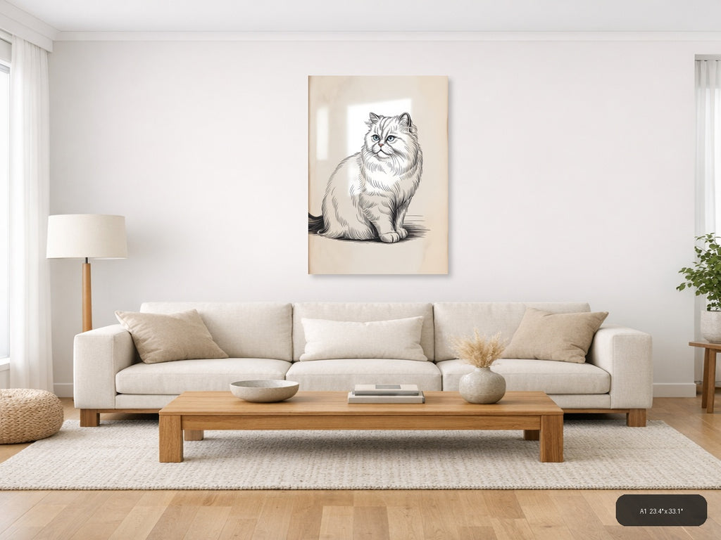 Persian Cat Portrait Line Art Sketch Wall Art — A1 / Living Room
