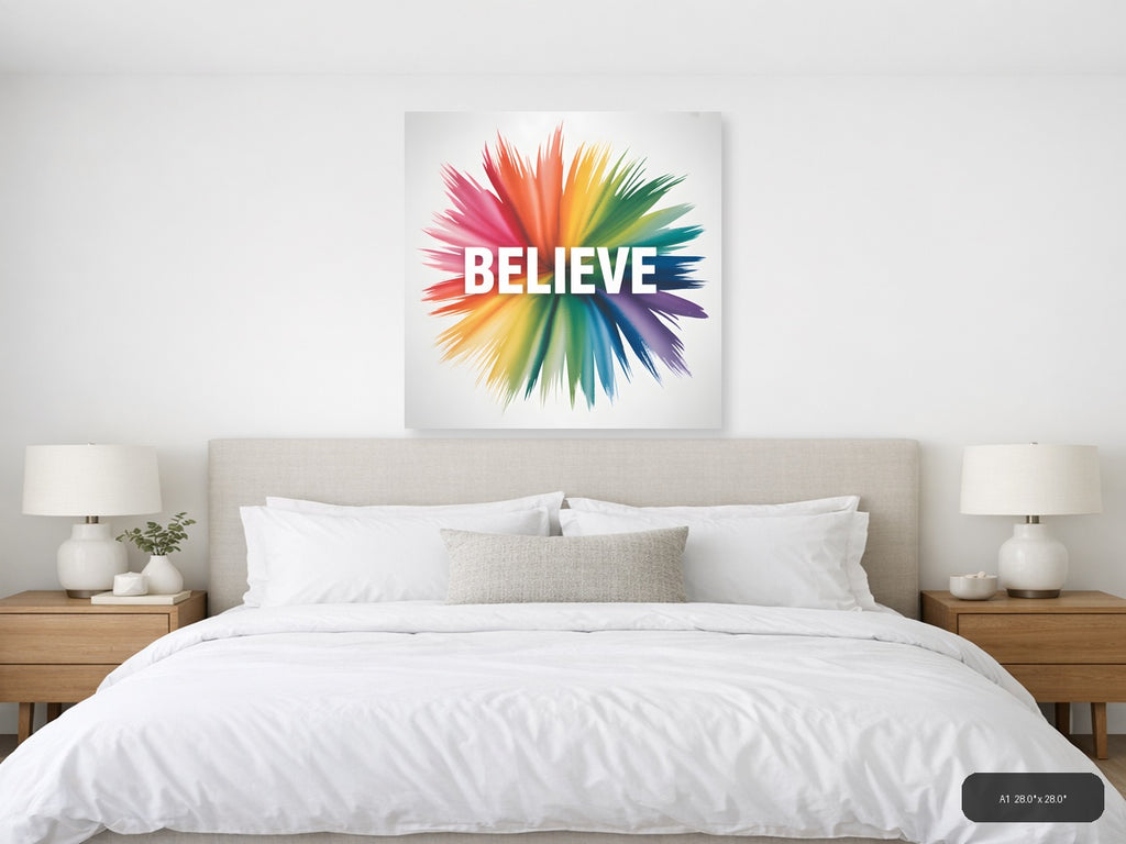 Believe Watercolor Rainbow Burst Square Wall Art — A1 / Bedroom