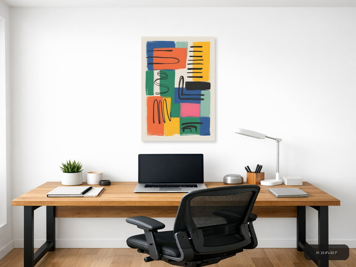 Colorful Abstract Geometric Blocks Black Lines Wall Art — A1 / Office