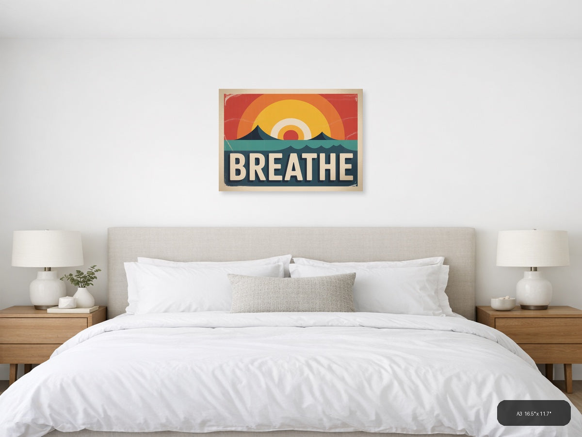 Vintage Sunset Ocean Landscape with Breathe Typography Wall Art — A3 / Bedroom