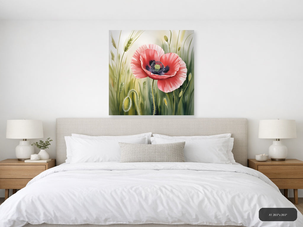 Red Poppy Watercolor Flower with Wheat Field Wall Art — A1 / Bedroom