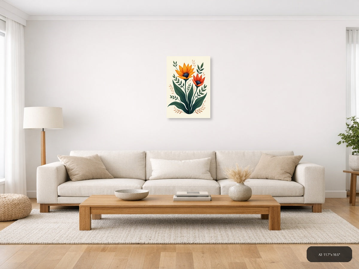 Orange Red Sunflowers Botanical Illustration Wall Art — A3 / Living Room
