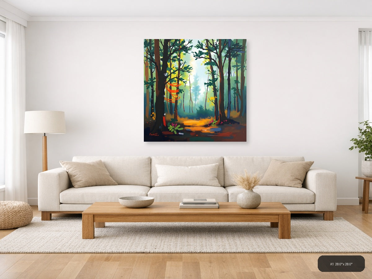 Abstract Forest Path with Orange Light - Modern Wall Art — A1 / Living Room